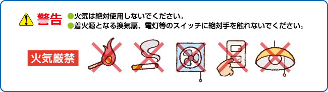 警告●火気は絶対使用しないでください。●着火源となる換気扇、電灯等のスイッチに絶対手を触れないでください。｜火気厳禁